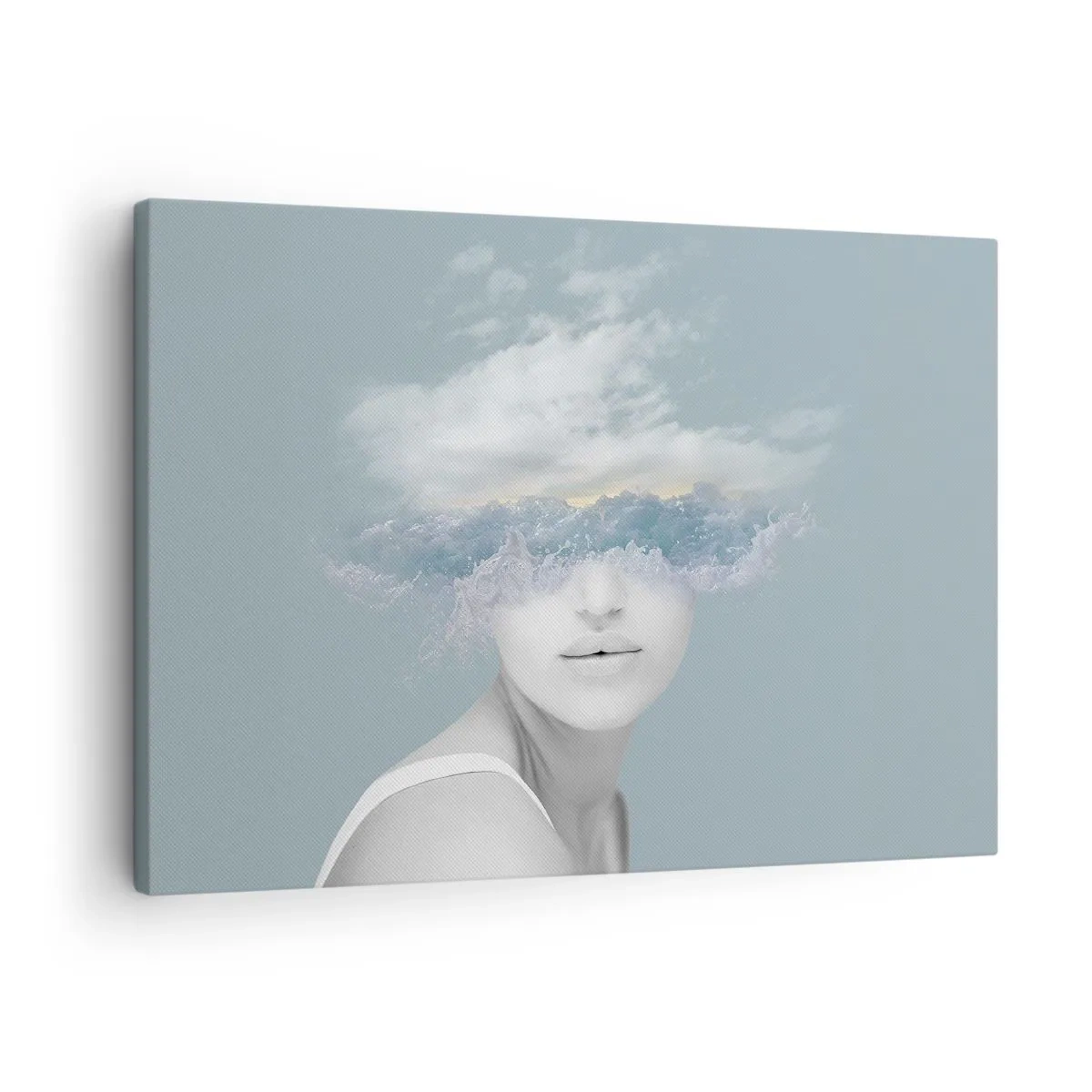 Obraz na plátně - Portrét ženy s tváří skrytou za mraky a vlnami - 70x50cm - S hlavou v oblacích - Moderní nástěnná dekorace do obývacího pokoje a ložnice ARTTOR