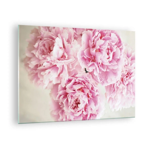 Obraz na skle - Kytice plných růžových pivoněk na světlém pozadí - 70x50cm - V růžovém přepychu - Moderní nástěnná dekorace do obývacího pokoje a ložnice ARTTOR