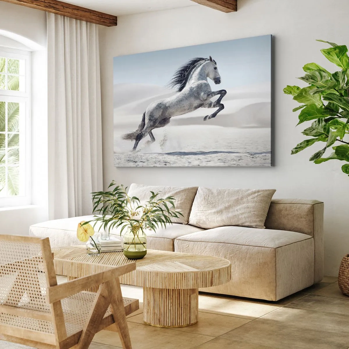 Obraz na plátně - Bílý kůň cválající na pozadí pouštních dun - 70x50cm - Arabský kníže - Moderní nástěnná dekorace do obývacího pokoje a ložnice ARTTOR