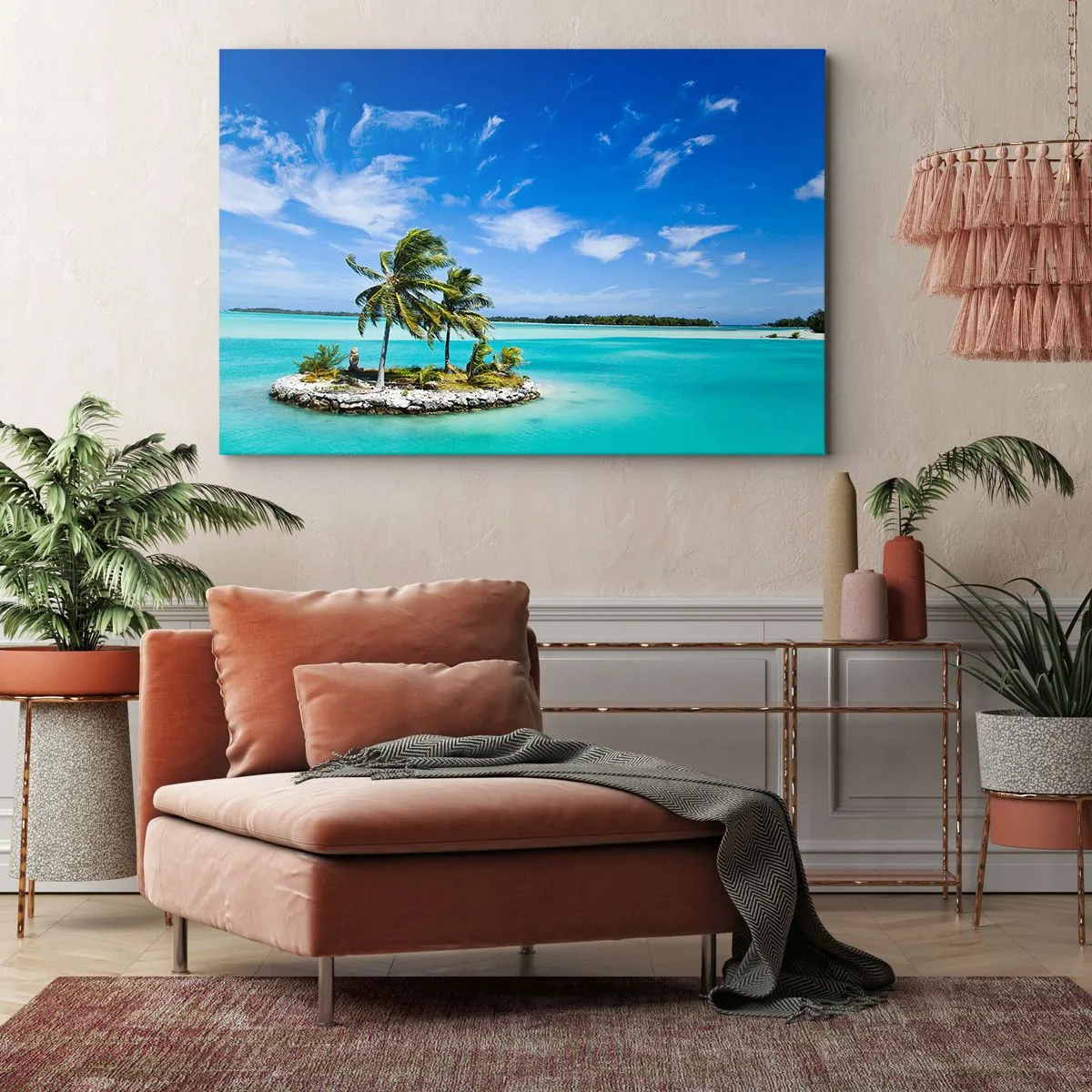 Obraz na plátně - Exotický ostrov s palmami na tyrkysové vodě - 70x50cm - Ráj na zemi - Moderní nástěnná dekorace do obývacího pokoje a ložnice ARTTOR