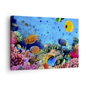 Obraz na plátně - Korálový útes s barevnými rybami a mořskou želvou - 70x50cm - Co víme o životě… - Moderní nástěnná dekorace do obývacího pokoje a ložnice ARTTOR