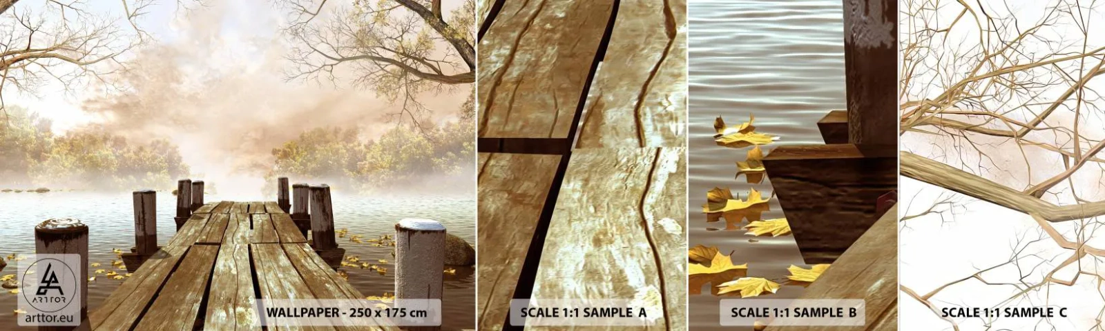 Vzor Fototapety Samolepicí Deluxe Sticker - Jemný smutek podzimu - Krajina, jezero, Dřevěný most - 100x30 cm