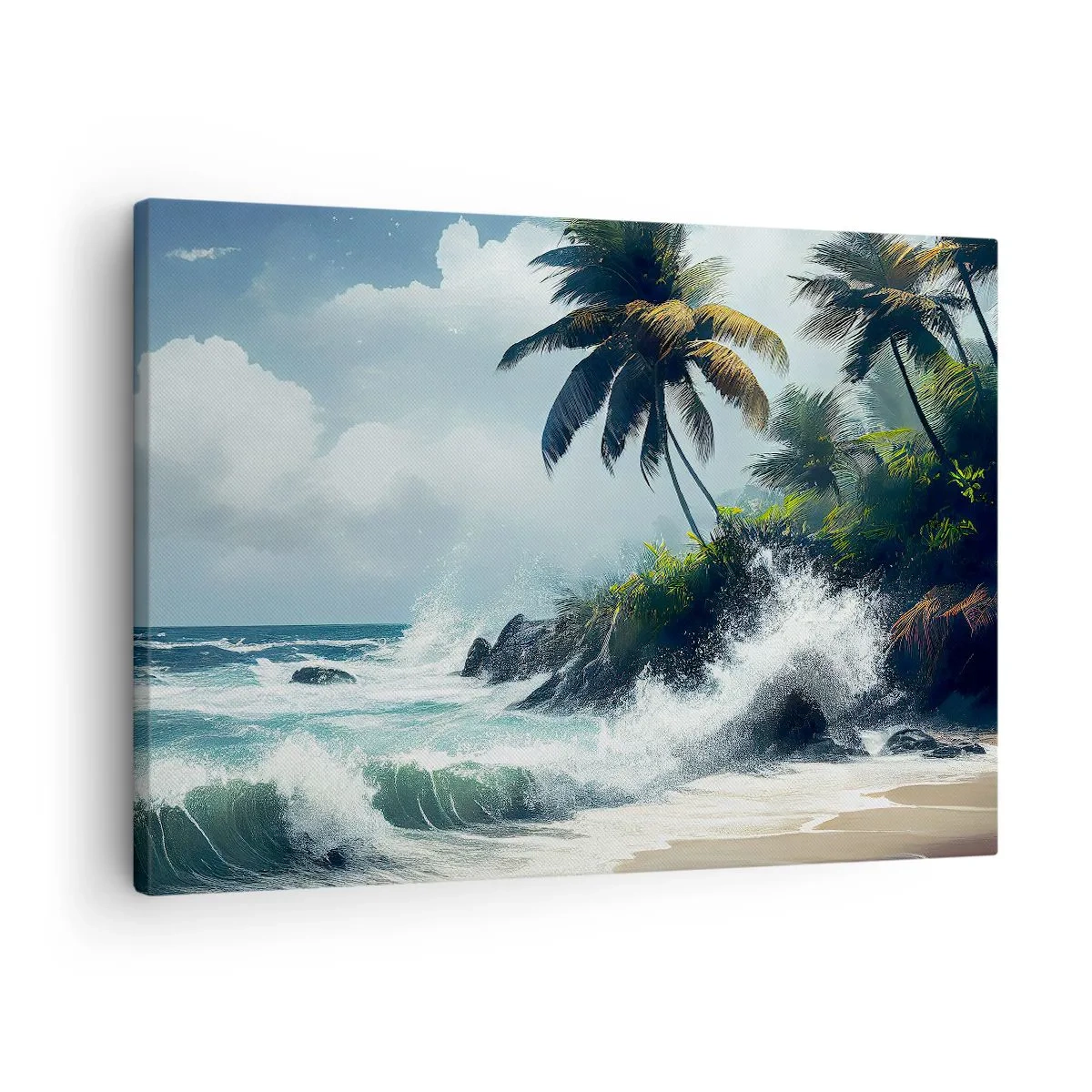 Obraz na plátně - Tropické pobřeží s palmami a rozbouřeným mořem - 70x50cm - Na tropickém pobřeží - Moderní nástěnná dekorace do obývacího pokoje a ložnice ARTTOR