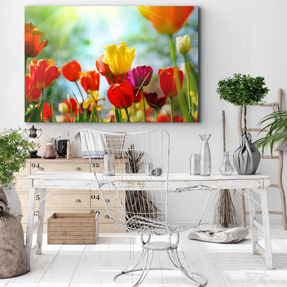 Obraz na plátně - Barevné tulipány na slunci - 70x50cm - Všechny barvy slunce - Moderní nástěnná dekorace do obývacího pokoje a ložnice ARTTOR