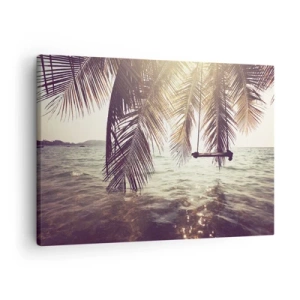 Obraz na plátně - Palma s houpačkou nad vodou na slunci - 70x50cm - Houpat se libovolně v oblacích - Moderní nástěnná dekorace do obývacího pokoje a ložnice ARTTOR