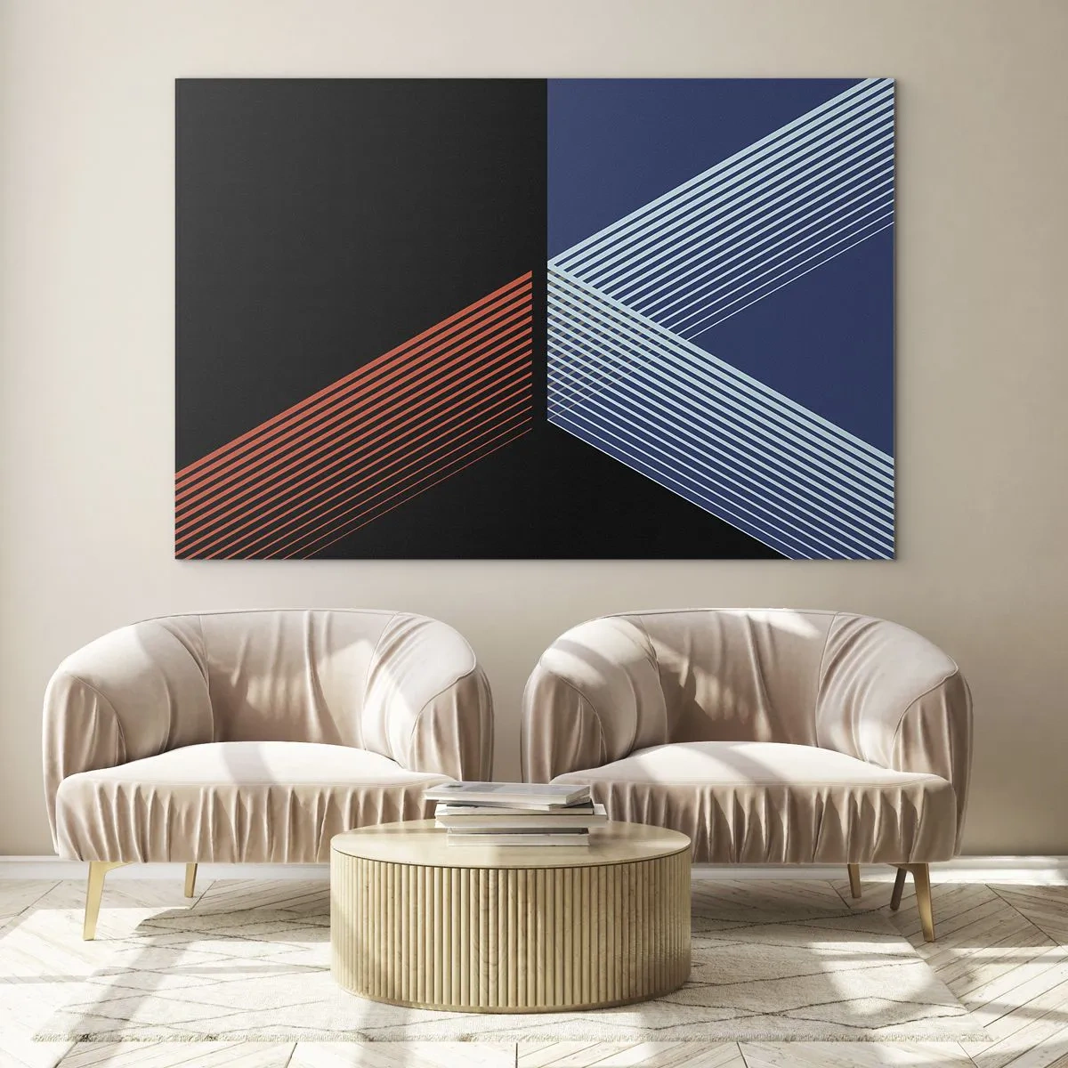 Obraz na skle - Moderní geometrická kompozice s liniemi a barevným kontrastem. - 70x50cm - Jednoduchý příběh - Moderní nástěnná dekorace do obývacího pokoje a ložnice ARTTOR
