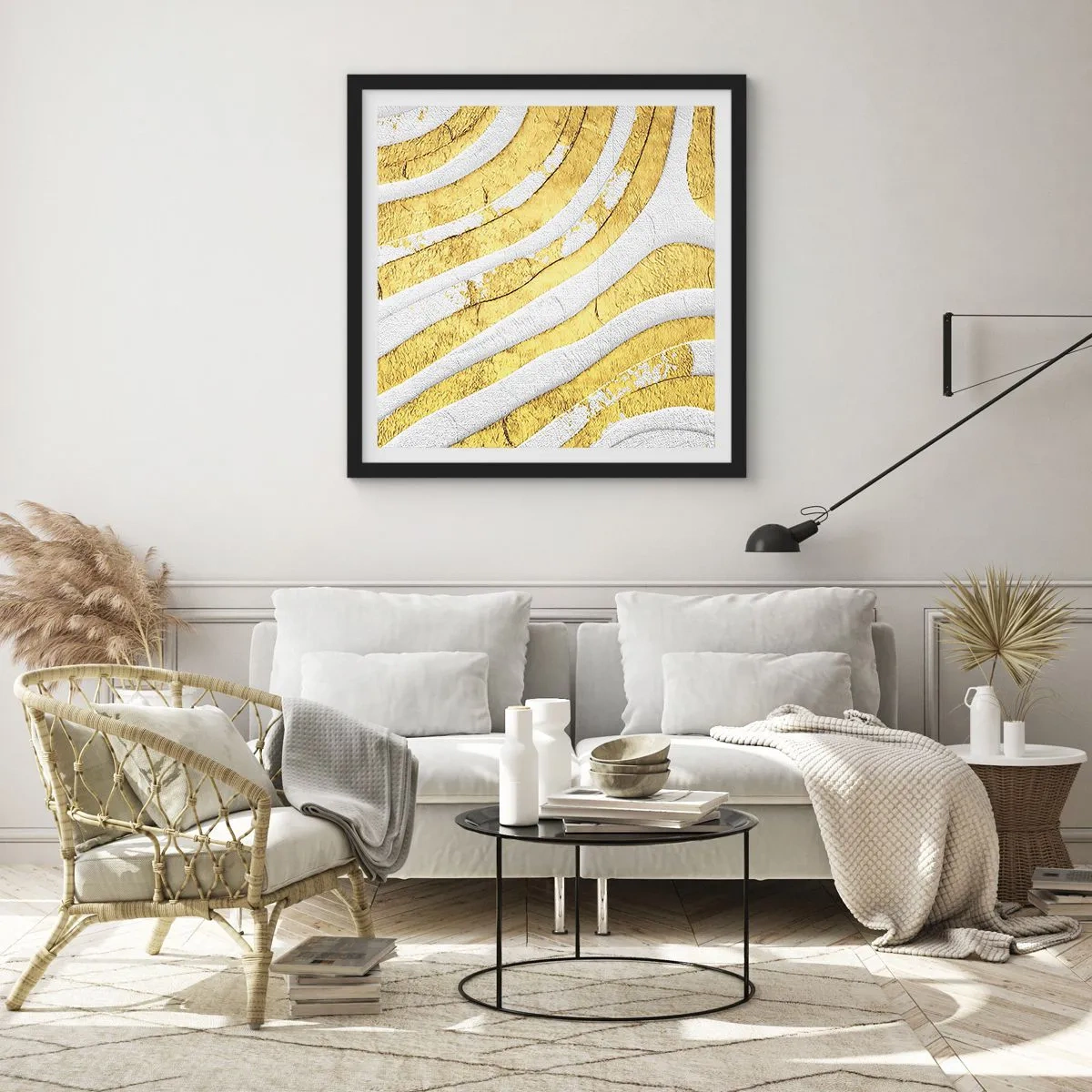 Plakát v černém rámu - Kompozice v bílé a zlaté - 60x60 cm