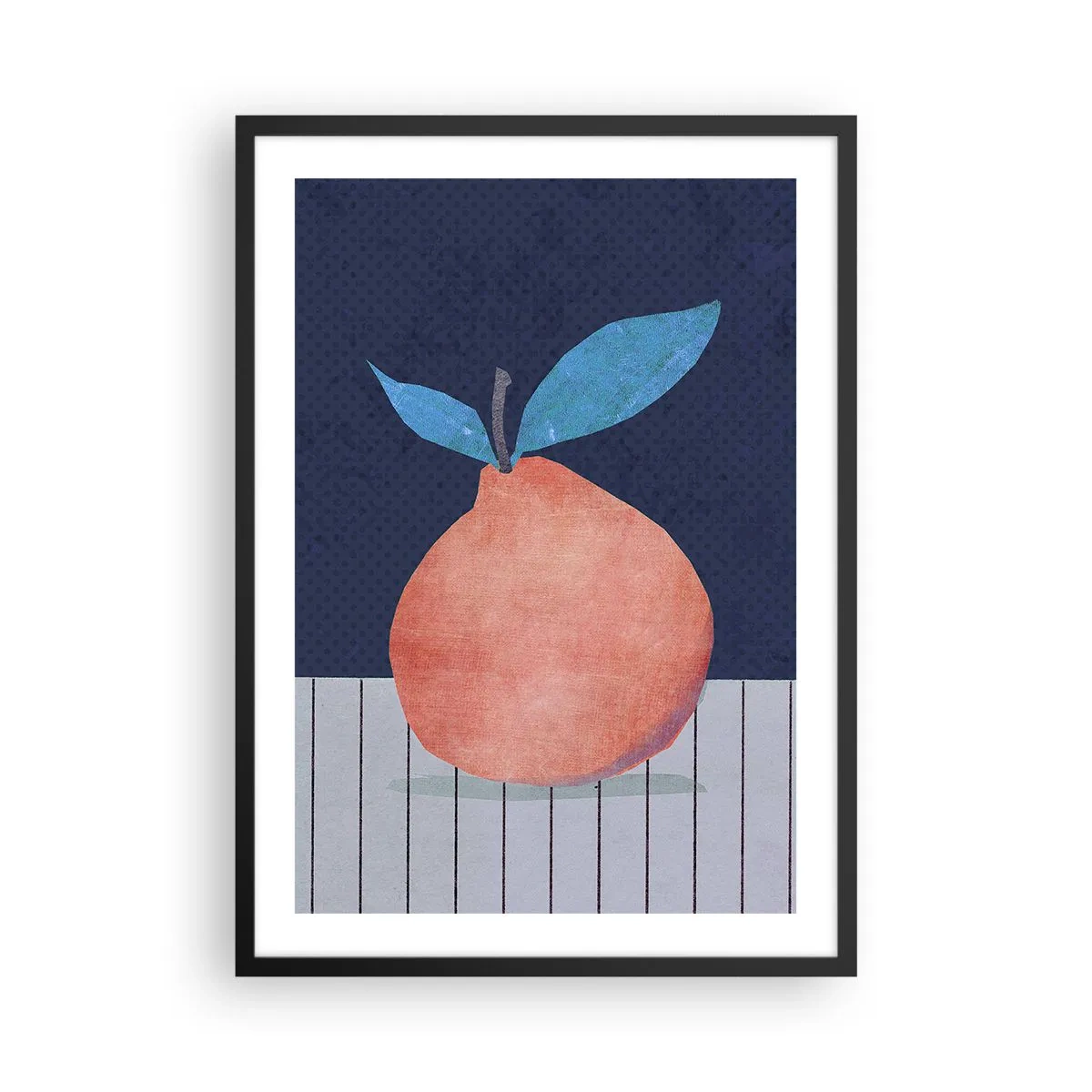 Plakát v černém rámu - Minimalistická ilustrace pomeranče na tmavě modrém pozadí - 50x70cm - Konvexita a rovina - Moderní nástěnná dekorace do obývacího pokoje a ložnice ARTTOR