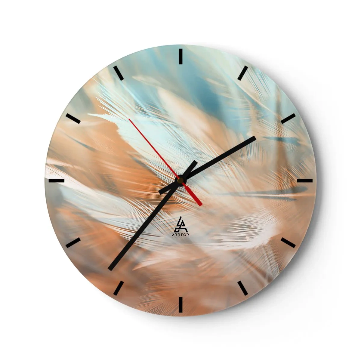 Nástěnné hodiny - Jemné peří v pastelových odstínech modré a broskvové - 30x30cm - V krajině něhy - Moderní nástěnná dekorace do obývacího pokoje, kuchyně a ložnice ARTTOR
