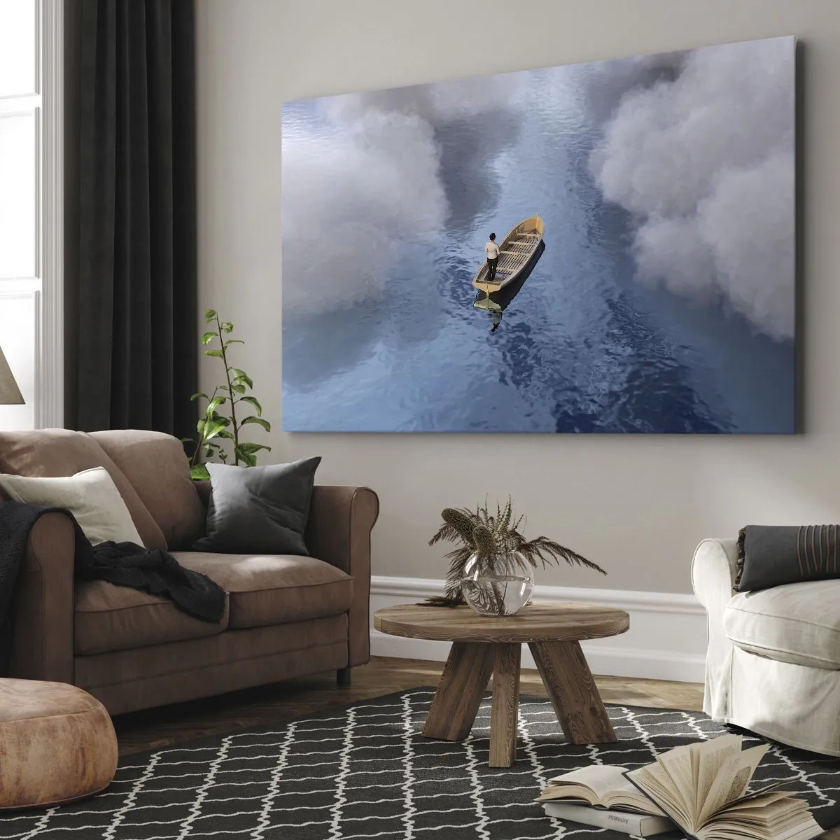 Obraz na plátně - Muž v lodi na klidném moři obklopeném mraky - 70x50cm - Život – cesta – nejistota - Moderní nástěnná dekorace do obývacího pokoje a ložnice ARTTOR