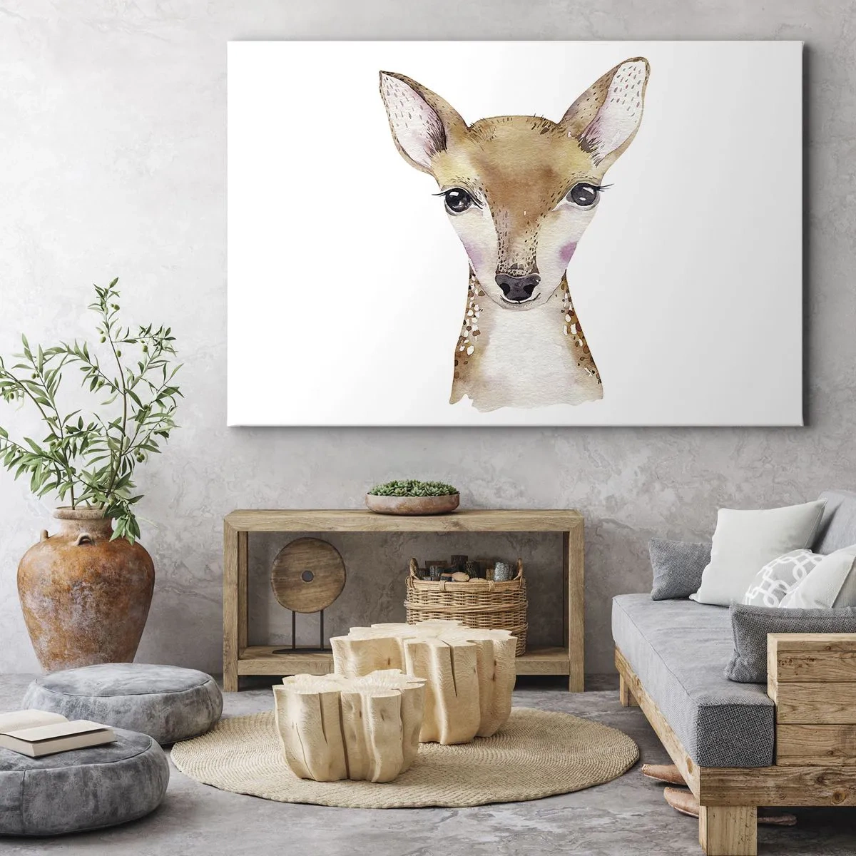Obraz na plátně - Akvarelový portrét mladého srnce na bílém pozadí - 70x50cm - Povaha nevinnosti - Moderní nástěnná dekorace do obývacího pokoje a ložnice ARTTOR