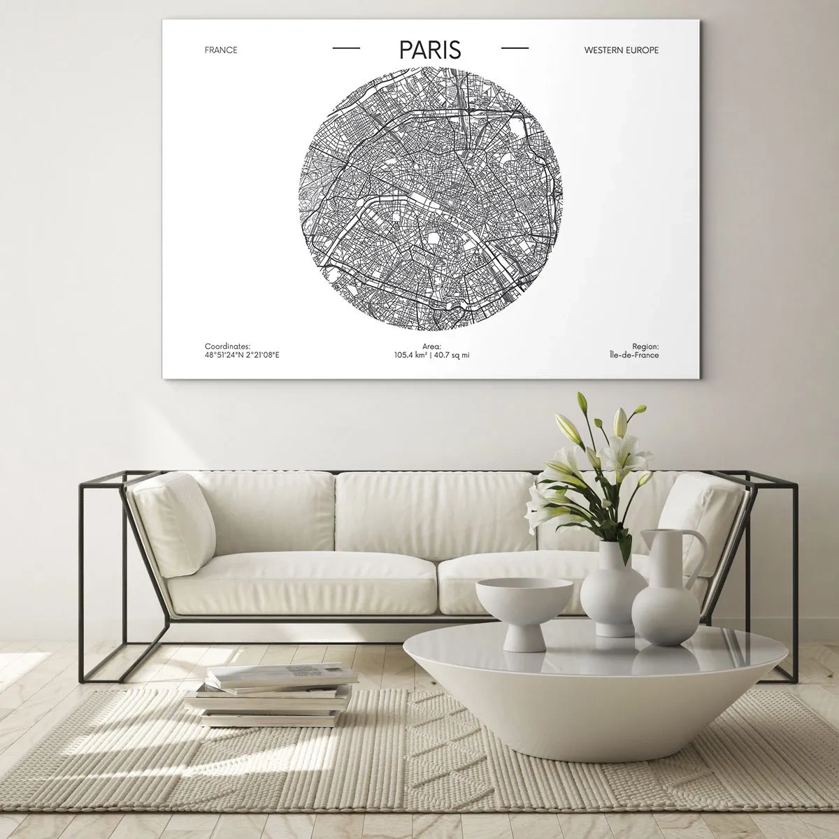 Obraz na skle - Kruhová mapa Paříže v černobílé ilustraci - 70x50cm - Anatomie Paříže - Moderní nástěnná dekorace do obývacího pokoje a ložnice ARTTOR