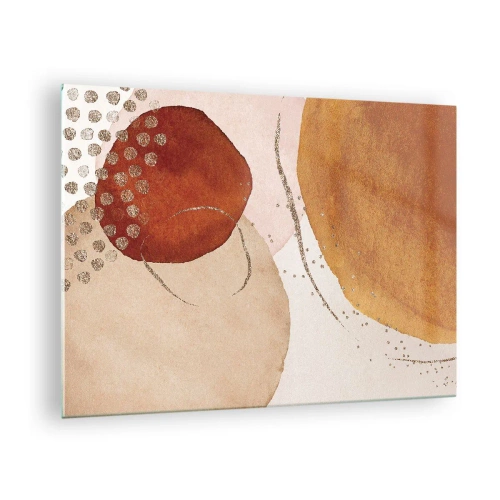 Obraz na skle - Abstraktní kruhy v odstínech béžové, mědi a zlaté - 70x50cm - Zaoblení a pohyb - Moderní nástěnná dekorace do obývacího pokoje a ložnice ARTTOR