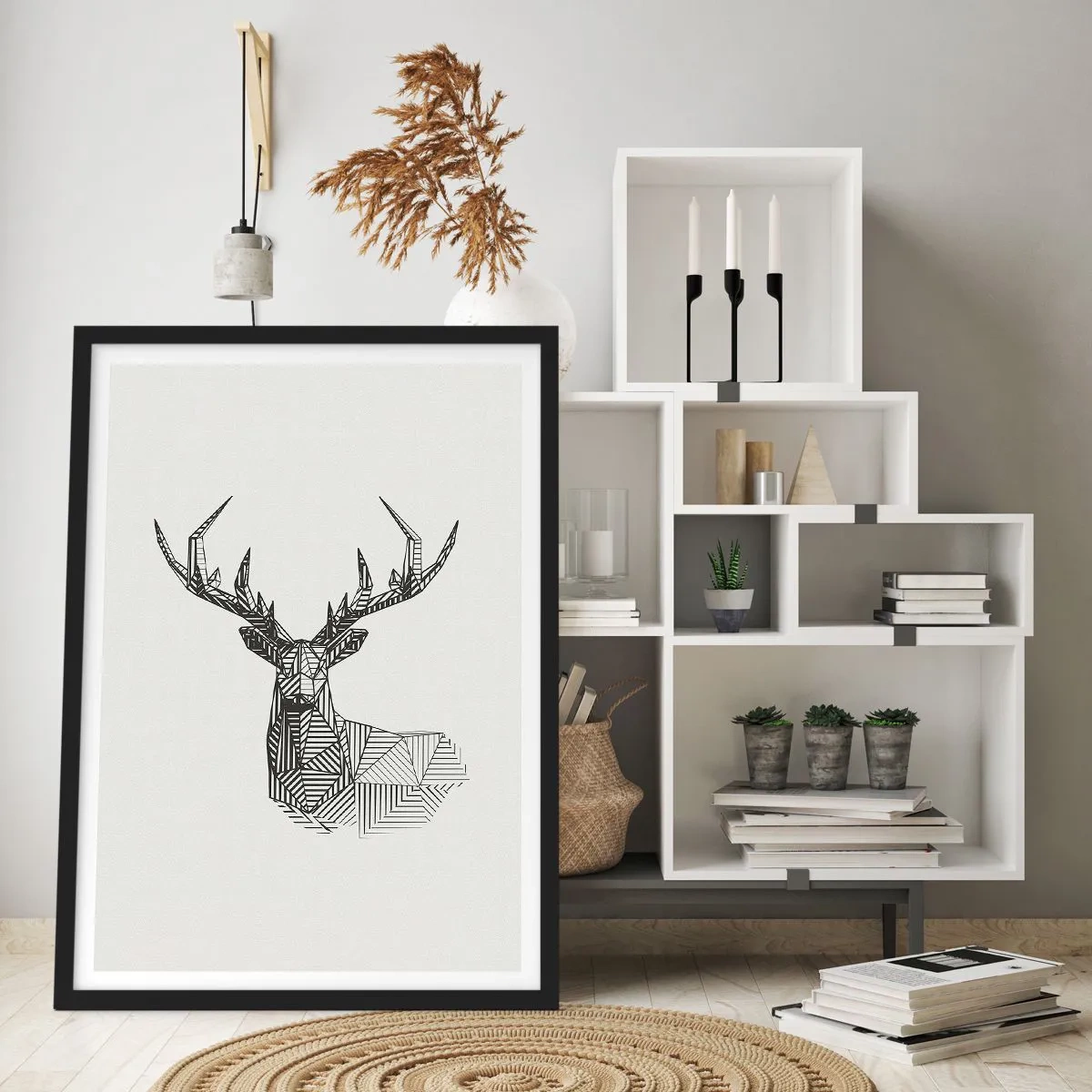 Plakát v černém rámu - Geometrická silueta jelena v černobílém stylu - 50x70cm - Jelen v kubistickém stylu - Moderní nástěnná dekorace do obývacího pokoje a ložnice ARTTOR