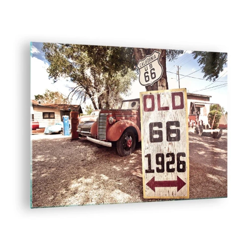 Obraz na skle - Oldtimer a retro značka Route 66 - 70x50cm - Legenda americké provincie - Moderní nástěnná dekorace do obývacího pokoje a ložnice ARTTOR