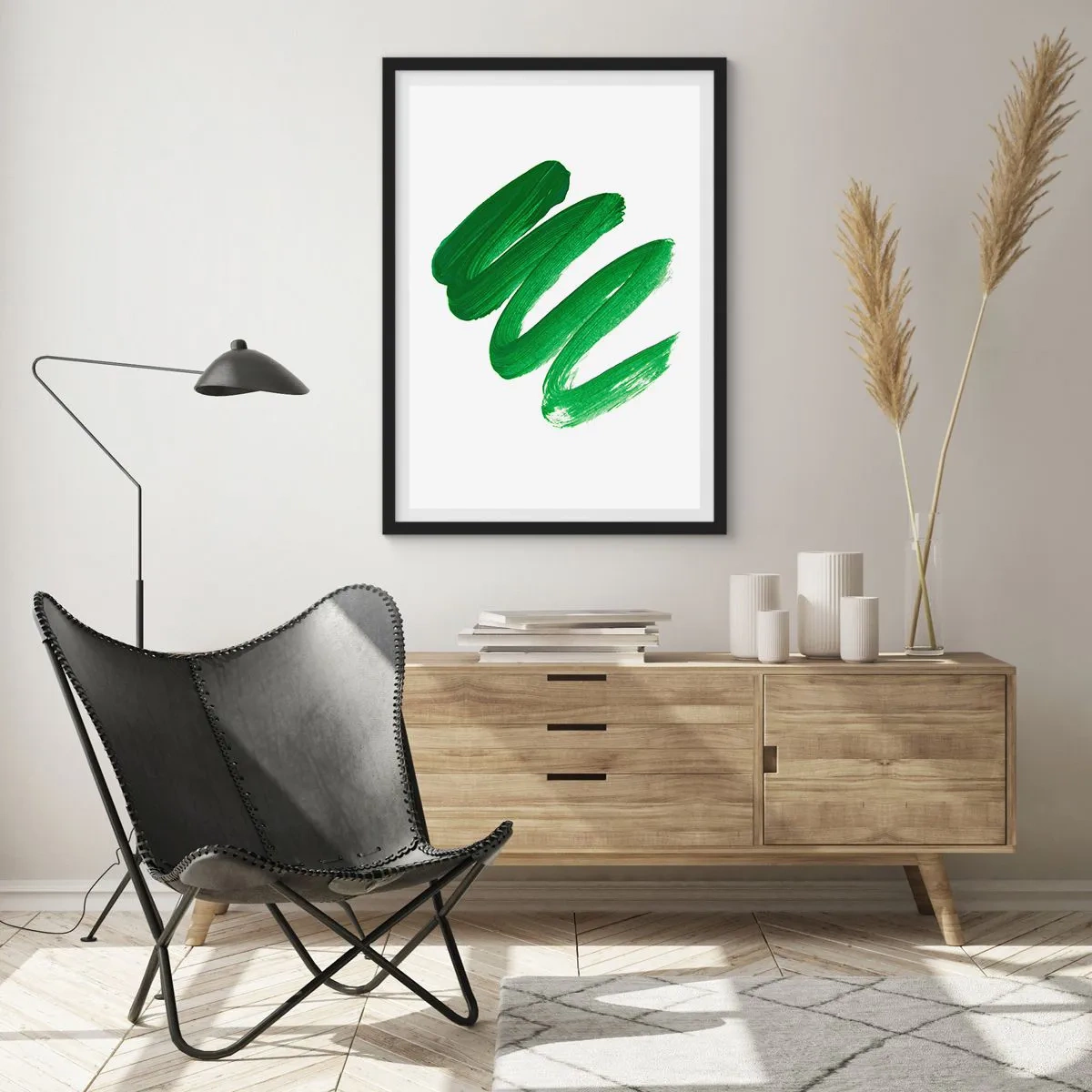 Plakát v černém rámu - Minimalistické zelené tahy štětcem na bílém pozadí - 50x70cm - Zelený žert - Moderní nástěnná dekorace do obývacího pokoje a ložnice ARTTOR