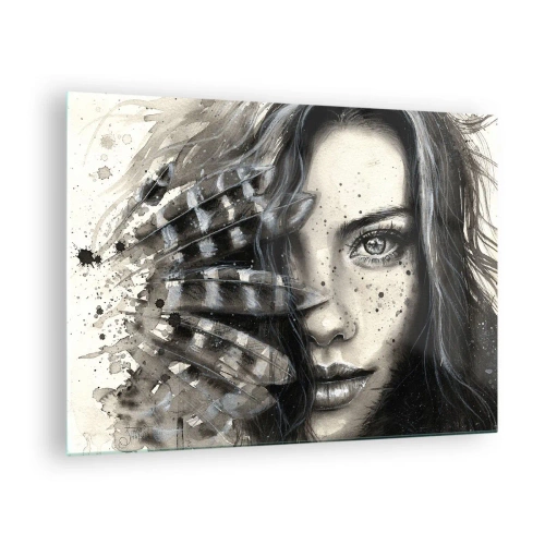 Obraz na skle - Portrét ženy s peřím a abstraktními detaily - 70x50cm - Divoká krása - Moderní nástěnná dekorace do obývacího pokoje a ložnice ARTTOR