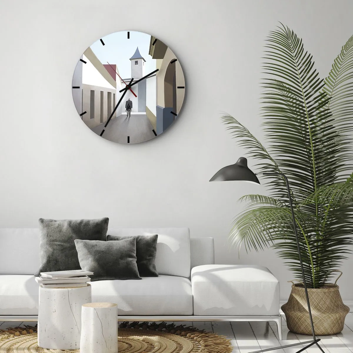 Nástěnné hodiny - Postava na pozadí městské ulice v jasném, geometrickém prostředí - 30x30cm - Slunečná procházka - Moderní nástěnná dekorace do obývacího pokoje, kuchyně a ložnice ARTTOR