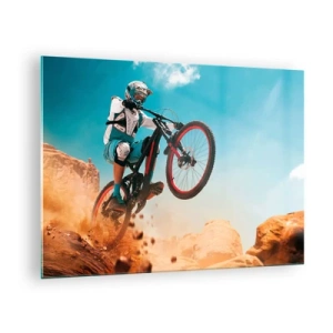 Obraz na skle - Dynamická scéna cyklisty v akci na skalnatém terénu - 70x50cm - Cyklistický démon šílenství - Moderní nástěnná dekorace do obývacího pokoje a ložnice ARTTOR