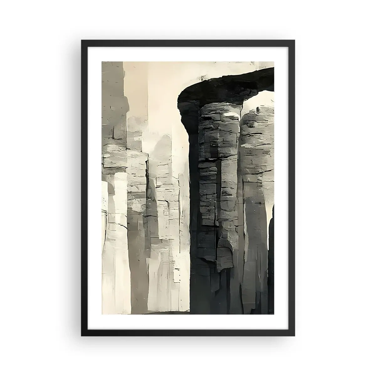Plakát v černém rámu - Monumentální skalní útvary v odstínech šedé - 50x70cm - Majestátnost starožitnosti - Moderní nástěnná dekorace do obývacího pokoje a ložnice ARTTOR
