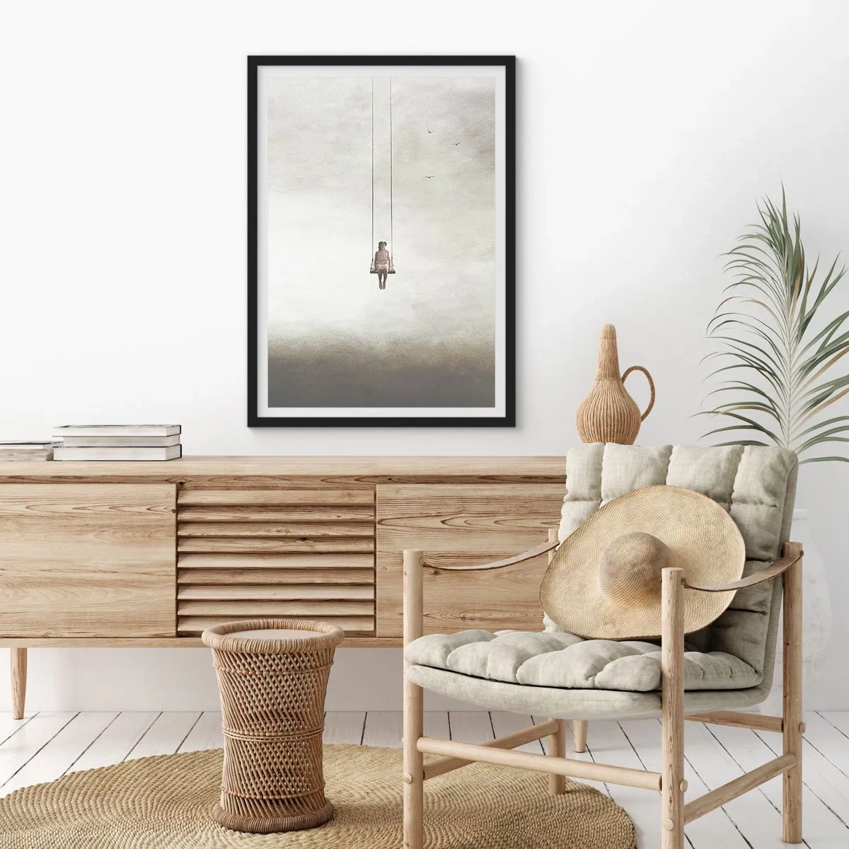 Plakát v černém rámu - Postava na houpačce zavěšená v prostoru - 50x70cm - Dítě v nás - Moderní nástěnná dekorace do obývacího pokoje a ložnice ARTTOR