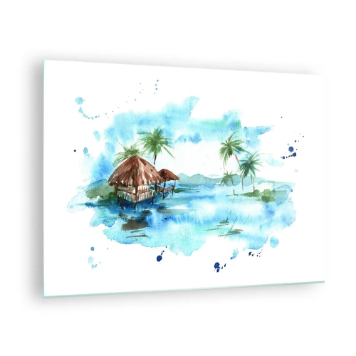 Obraz na skle - Tropická krajina s palmami a chatou ve stylu akvarelu - 70x50cm - Někde v Pacifiku - Moderní nástěnná dekorace do obývacího pokoje a ložnice ARTTOR