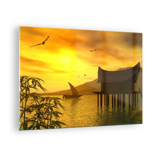 Obraz na skle - Západ slunce nad jezerem s domem na kůlech - 70x50cm - Vytoužený klid - Moderní nástěnná dekorace do obývacího pokoje a ložnice ARTTOR