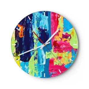 Nástěnné hodiny - Barevné abstraktní tahy na kulatém ciferníku - 30x30cm - Život je krásný! - Moderní nástěnná dekorace do obývacího pokoje, kuchyně a ložnice ARTTOR