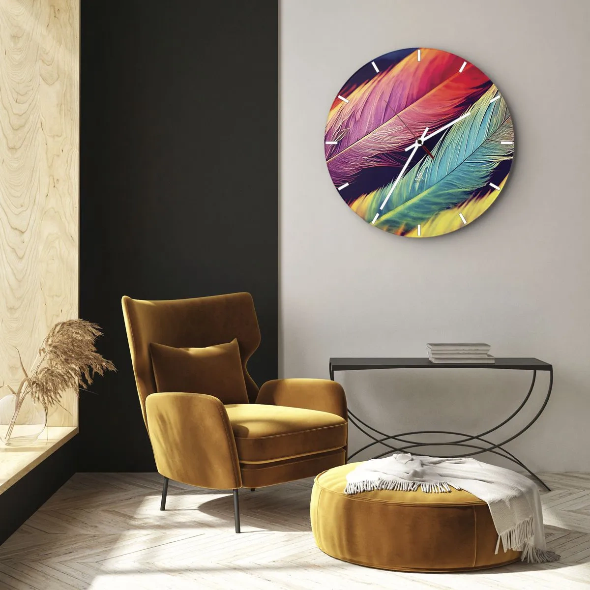 Nástěnné hodiny - Barevné peří v intenzivních barvách vytvářející duhu - 30x30cm - Opeřená duha - Moderní nástěnná dekorace do obývacího pokoje, kuchyně a ložnice ARTTOR