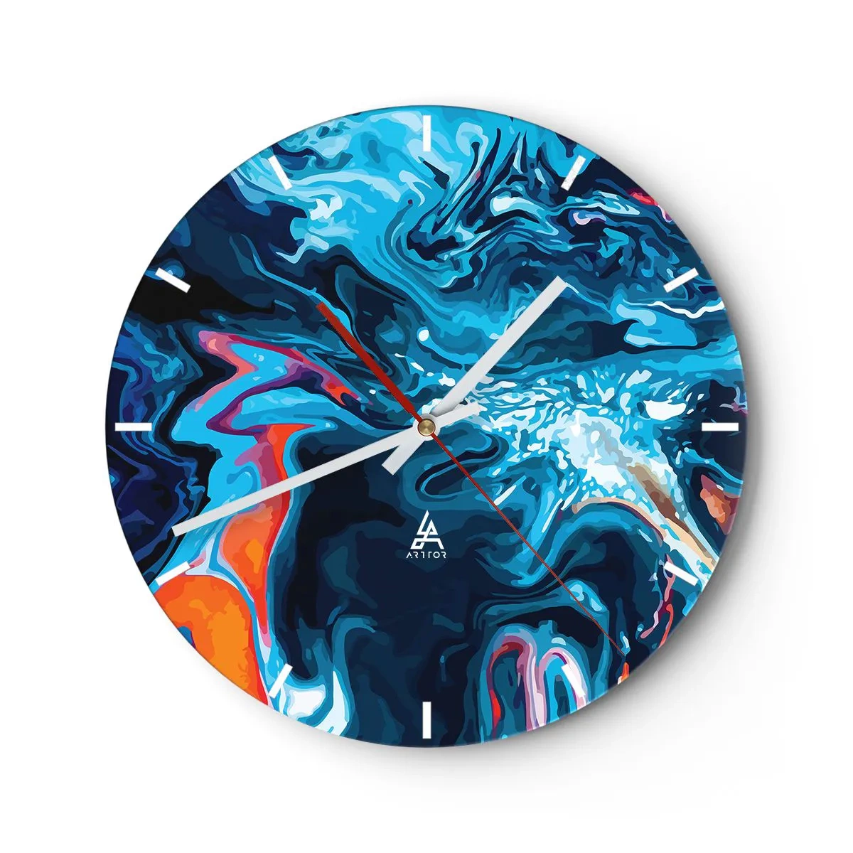 Nástěnné hodiny - Dynamický abstraktní motiv v odstínech modré - 30x30cm - Cesta do středu nebe - Moderní nástěnná dekorace do obývacího pokoje, kuchyně a ložnice ARTTOR