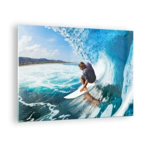 Obraz na skle - Surfař ve vodním tunelu s oceánem v pozadí - 70x50cm - Tančící s vlnami - Moderní nástěnná dekorace do obývacího pokoje a ložnice ARTTOR