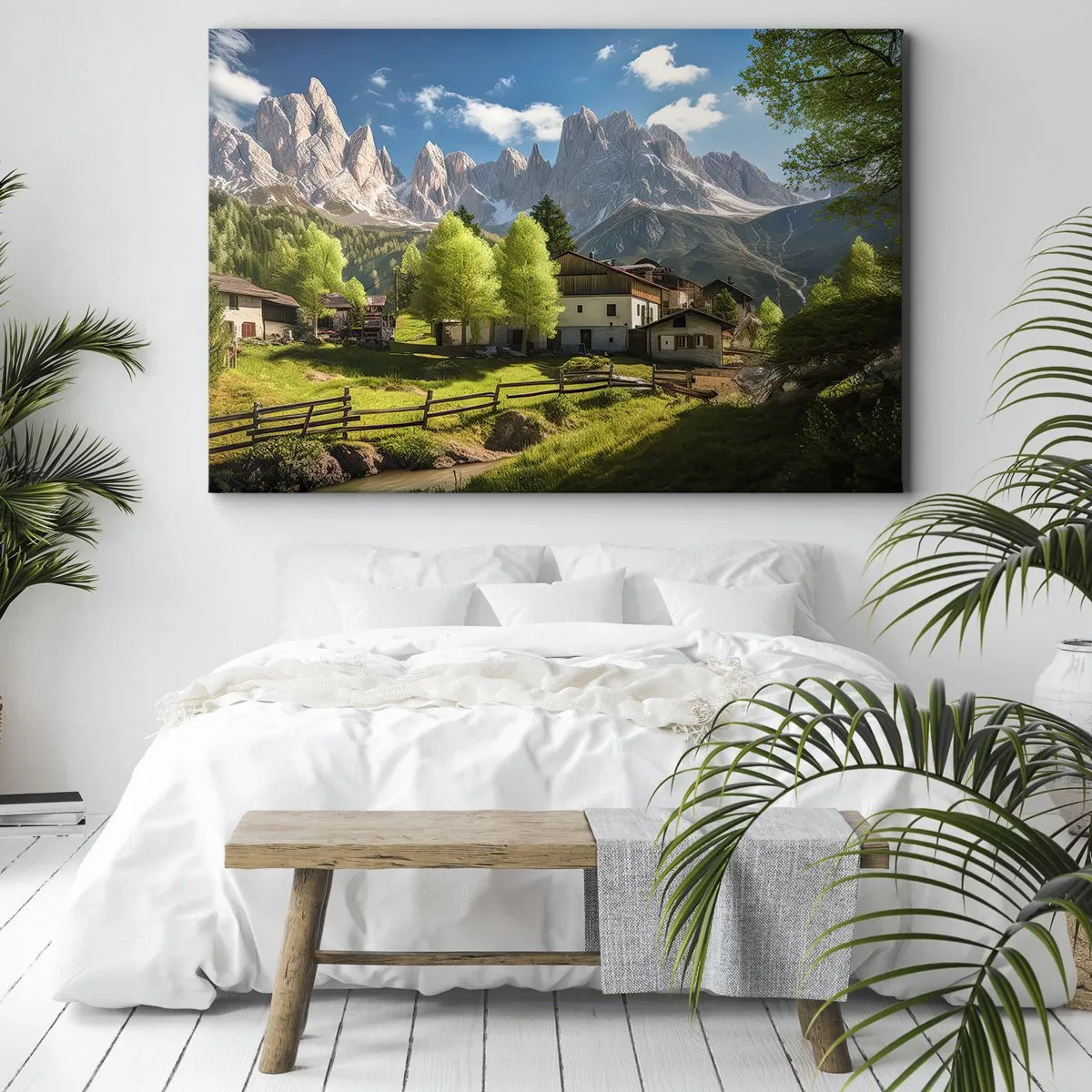 Obraz na plátně - Horská vesnice s domy a výhledem na Alpy - 70x50cm - Alpská idyla - Moderní nástěnná dekorace do obývacího pokoje a ložnice ARTTOR
