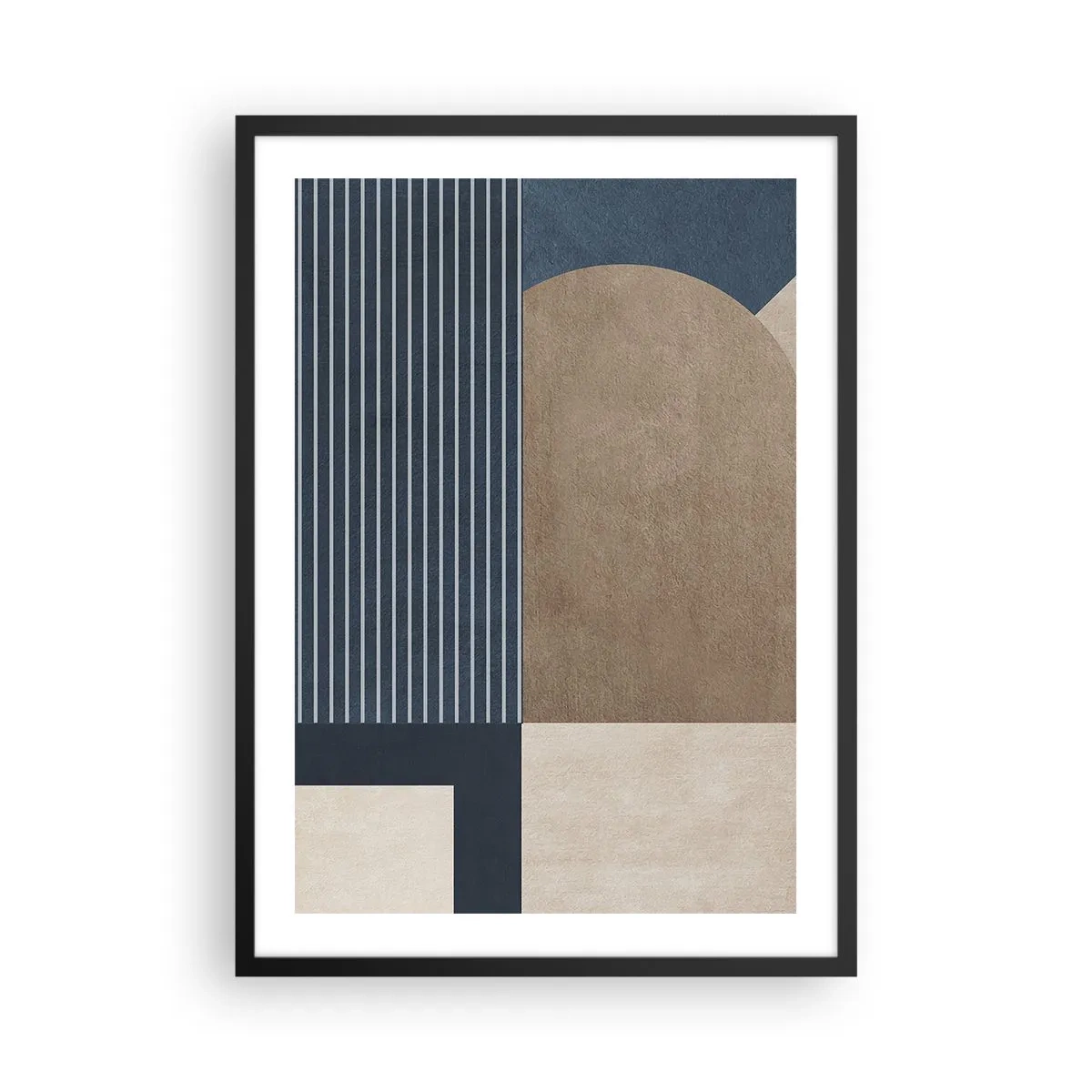 Plakát v černém rámu - Abstraktní geometrická kompozice v odstínech tmavě modré a béžové - 50x70cm - Kompozice jednoduchosti a kulatosti - Moderní nástěnná dekorace do obývacího pokoje a ložnice ARTTOR