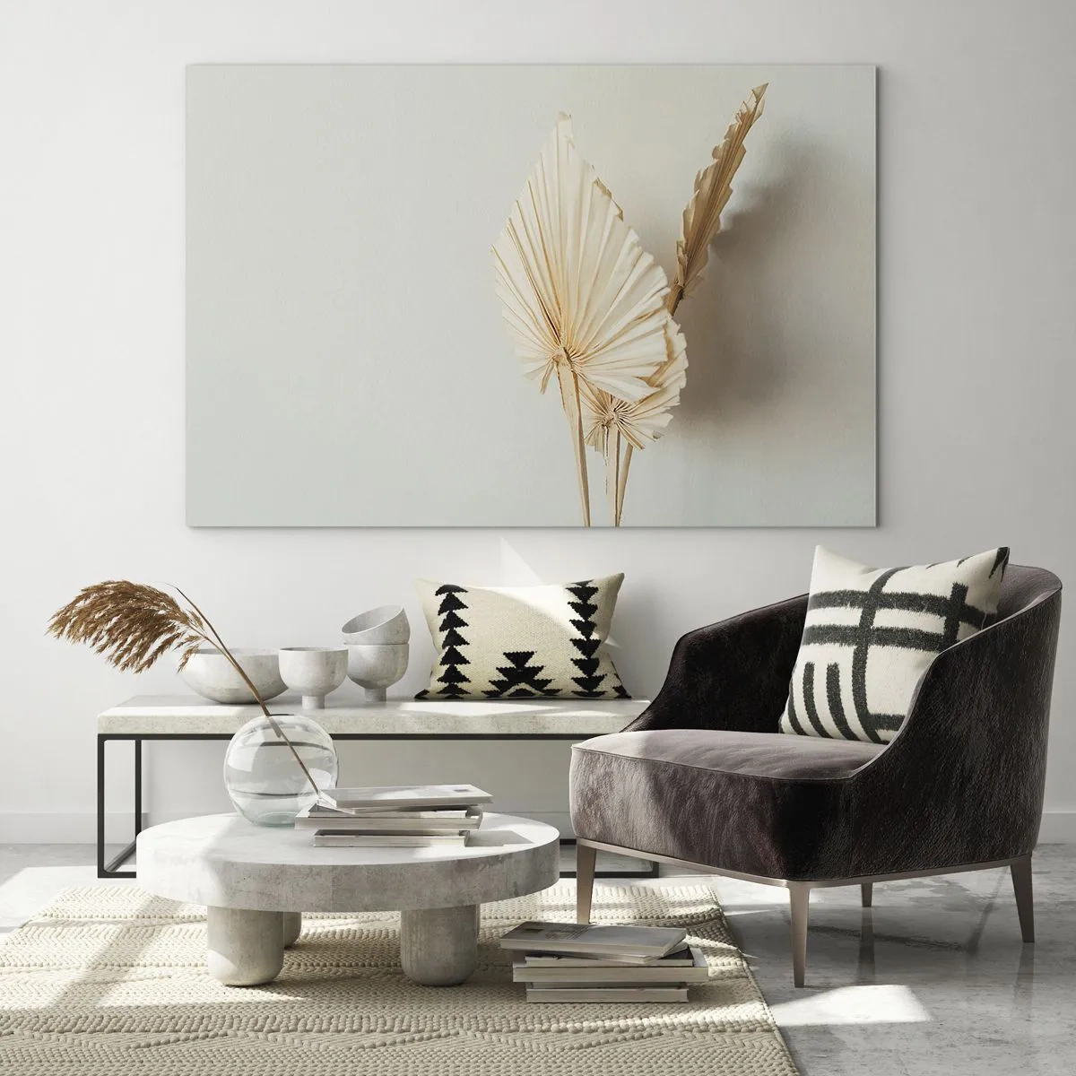 Obraz na skle - Sušené palmové listy v béžových tónech na světlém pozadí - 70x50cm - Když potřebuješ útěchu - Moderní nástěnná dekorace do obývacího pokoje a ložnice ARTTOR