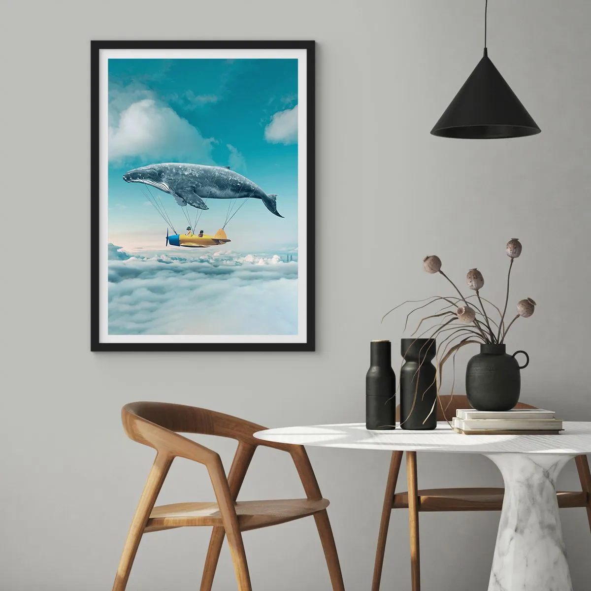 Plakát v černém rámu - Fantastický obraz velryby zvedající letadlo nad mraky. - 50x70cm - Proč ne? - Moderní nástěnná dekorace do obývacího pokoje a ložnice ARTTOR