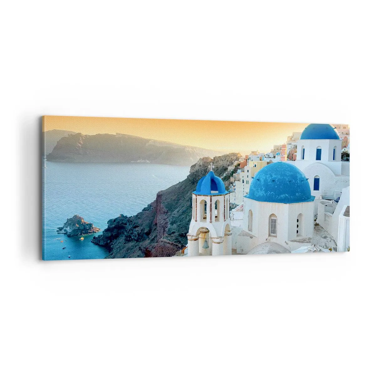 Obraz na plátně - Santorini - přitulené ke skalám - 100x40 cm