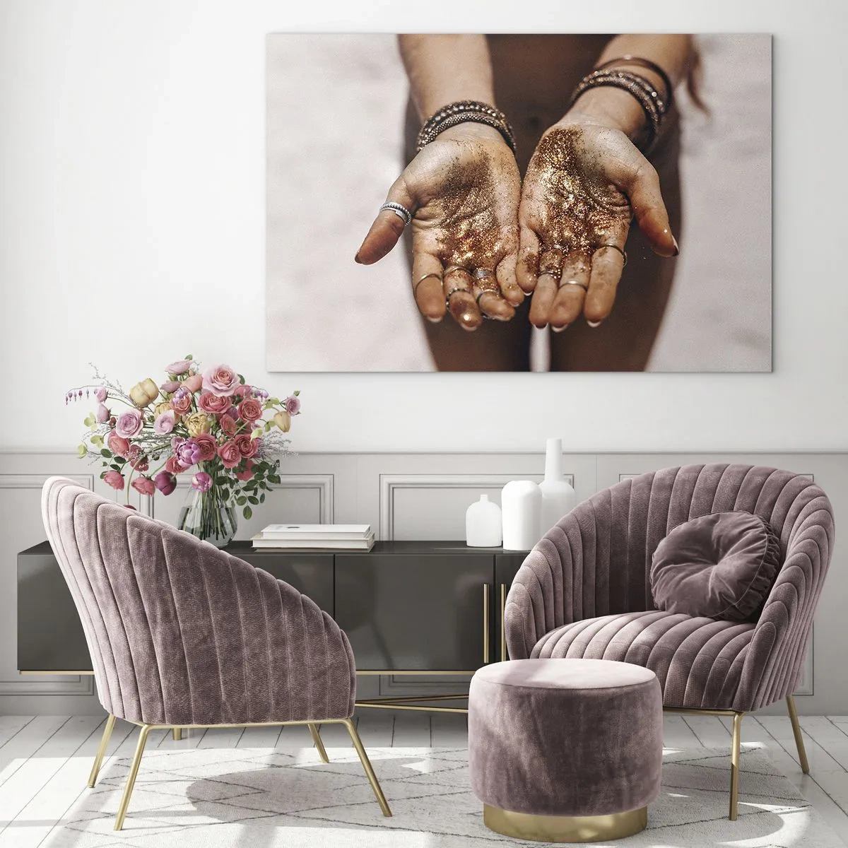 Obraz na skle - Otevřené ruce s třpytkami v teplém světle - 70x50cm - Dárek pro tebe - Moderní nástěnná dekorace do obývacího pokoje a ložnice ARTTOR