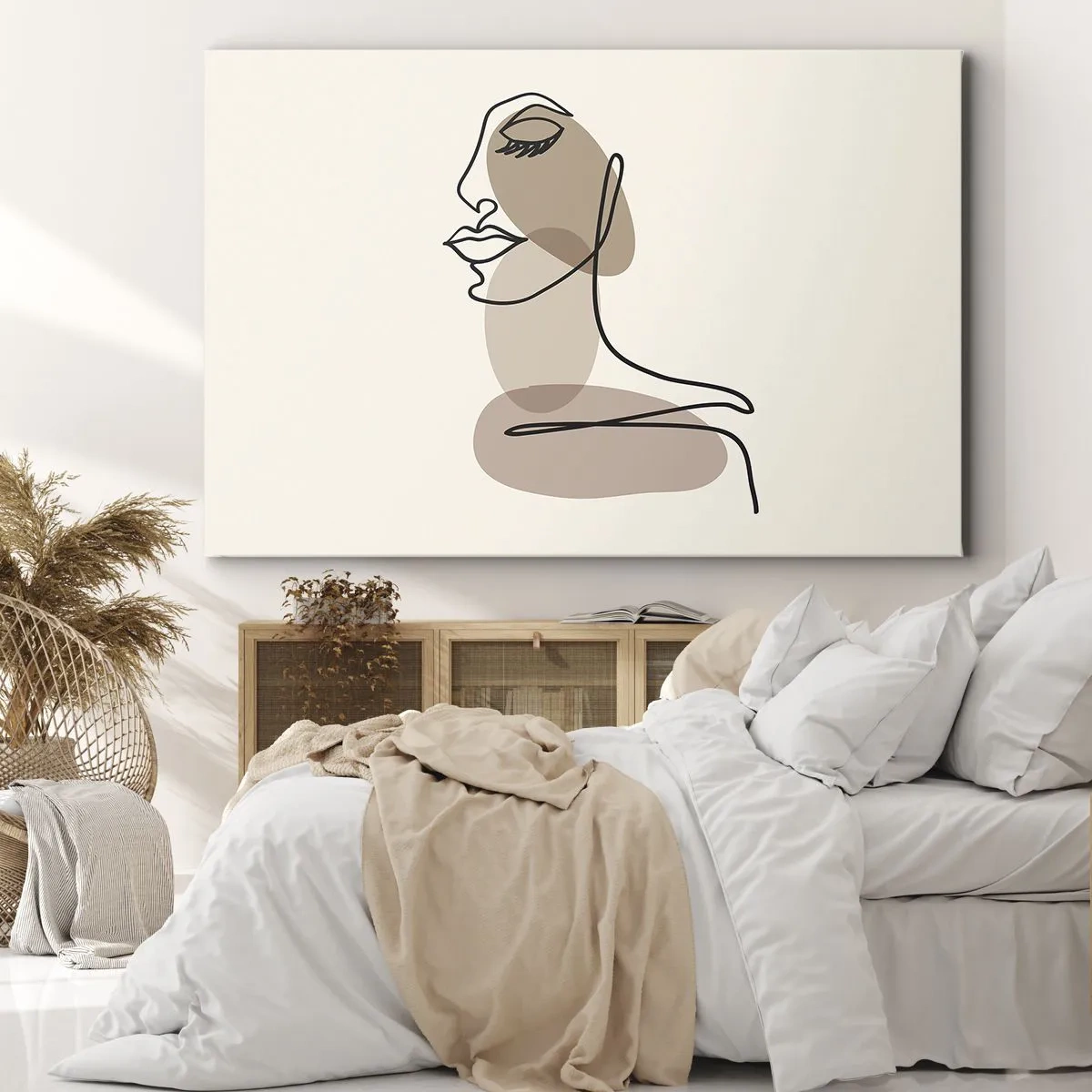 Obraz na plátně - Minimalistická ženská tvář s abstraktními skvrnami - 70x50cm - Při poslechu samé sebe - Moderní nástěnná dekorace do obývacího pokoje a ložnice ARTTOR