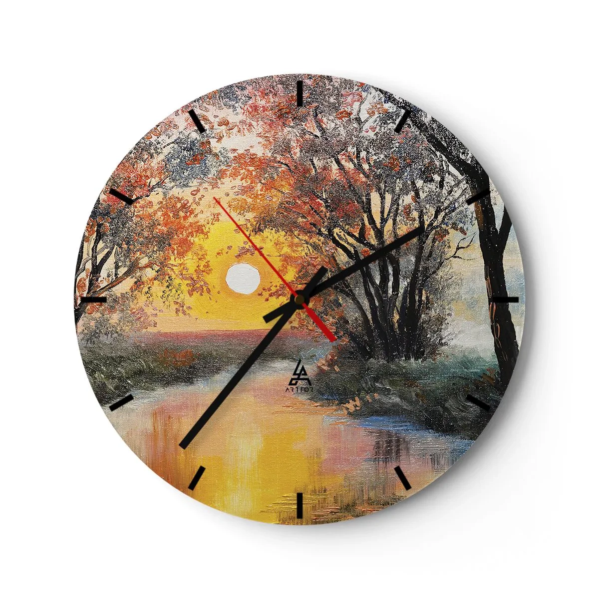 Nástěnné hodiny - Západ slunce nad řekou mezi barevnými stromy - 30x30cm - Podzimní nádech - Moderní nástěnná dekorace do obývacího pokoje, kuchyně a ložnice ARTTOR