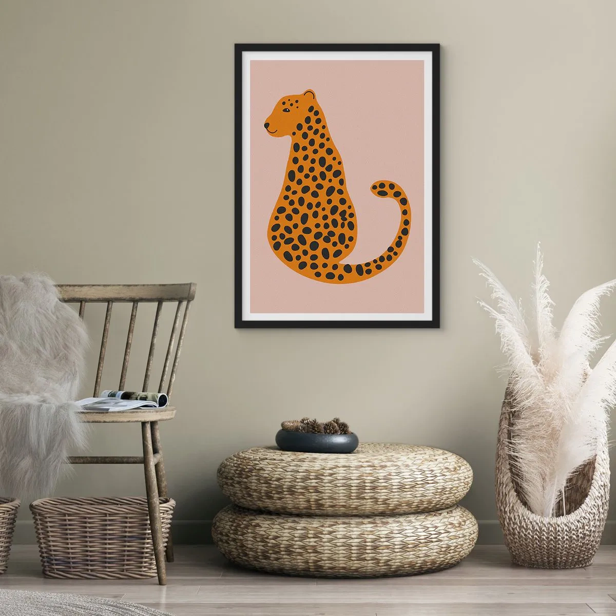 Plakát v černém rámu - Minimalistický gepard na béžovém pozadí - 50x70cm - Leopardní vzor je v módě - Moderní nástěnná dekorace do obývacího pokoje a ložnice ARTTOR
