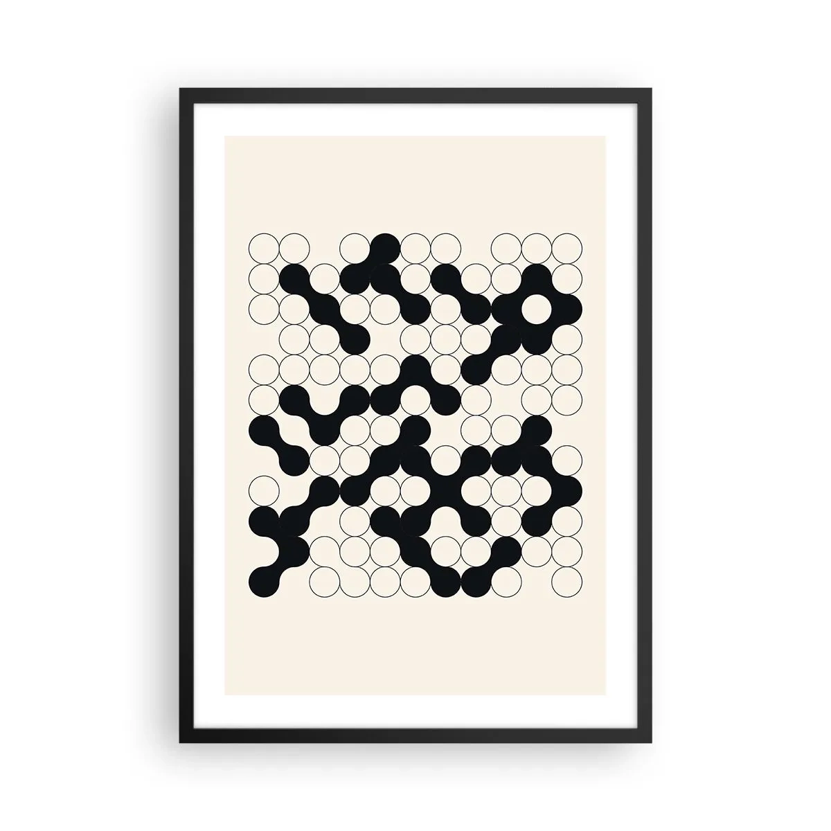Plakát v černém rámu - Geometrické složení černých a bílých kruhů - 50x70cm - Čínská hra – variace - Moderní nástěnná dekorace do obývacího pokoje a ložnice ARTTOR