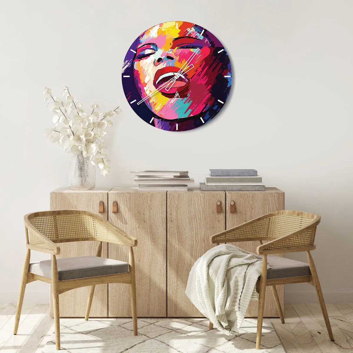 Nástěnné hodiny - Barevný portrét zpívající postavy v abstraktním stylu. - 30x30cm - Vyzpívat celý život - Moderní nástěnná dekorace do obývacího pokoje, kuchyně a ložnice ARTTOR