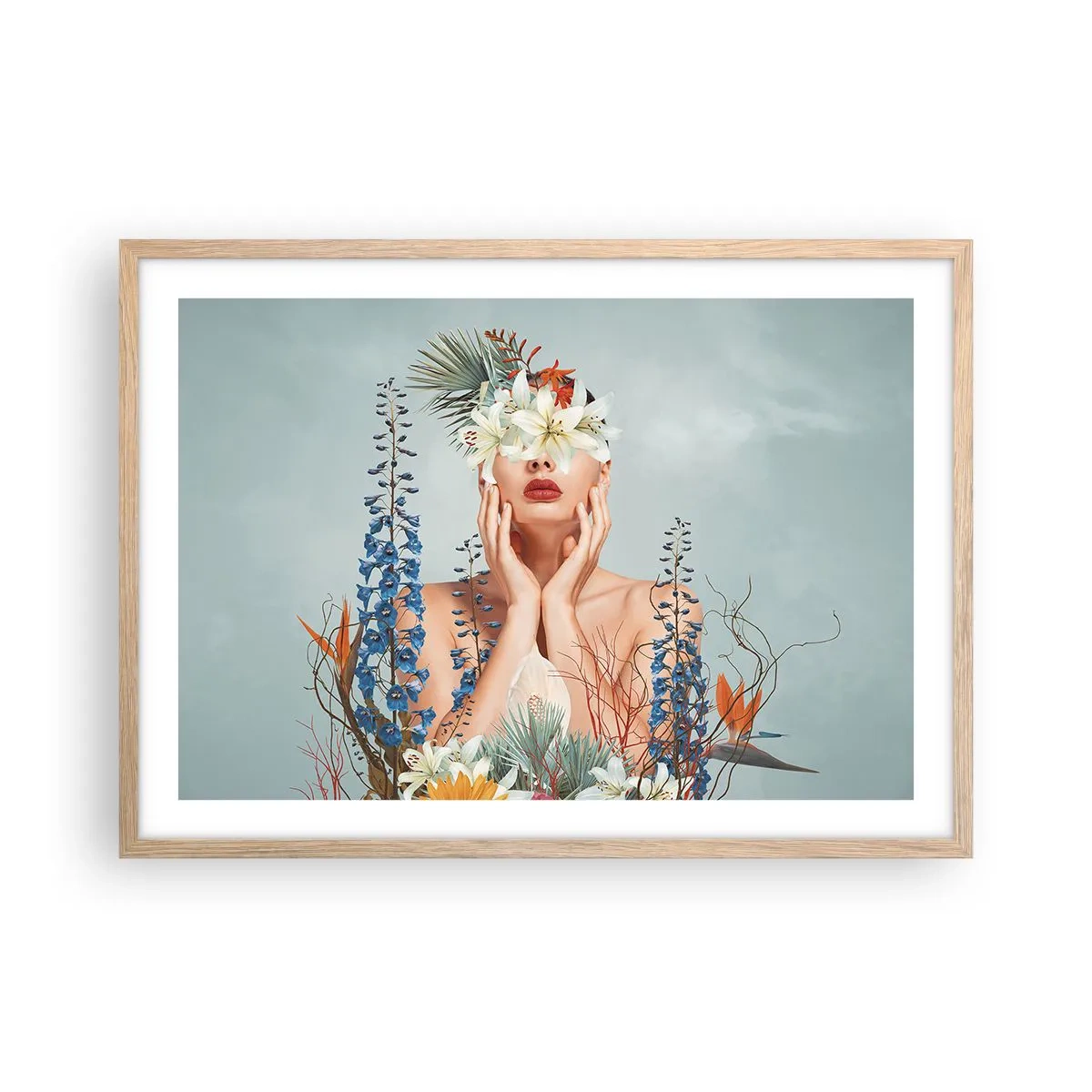 Plakát v rámu světlý dub - Žena – květina - 70x50 cm