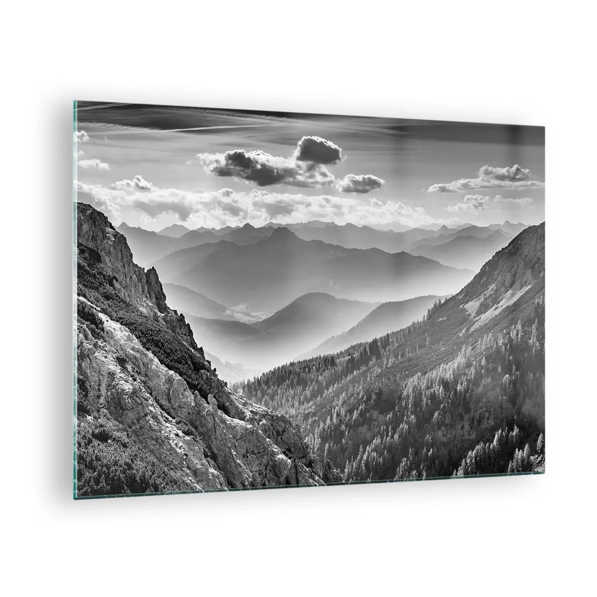 Obraz na skle - Černobílé horské panorama s výhledem do údolí - 70x50cm - Až k obzoru - Moderní nástěnná dekorace do obývacího pokoje a ložnice ARTTOR