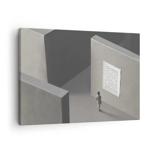 Obraz na plátně - Postava v bludišti dívající se na zavěšenou mapu - 70x50cm - Kde to ale jsem? - Moderní nástěnná dekorace do obývacího pokoje a ložnice ARTTOR