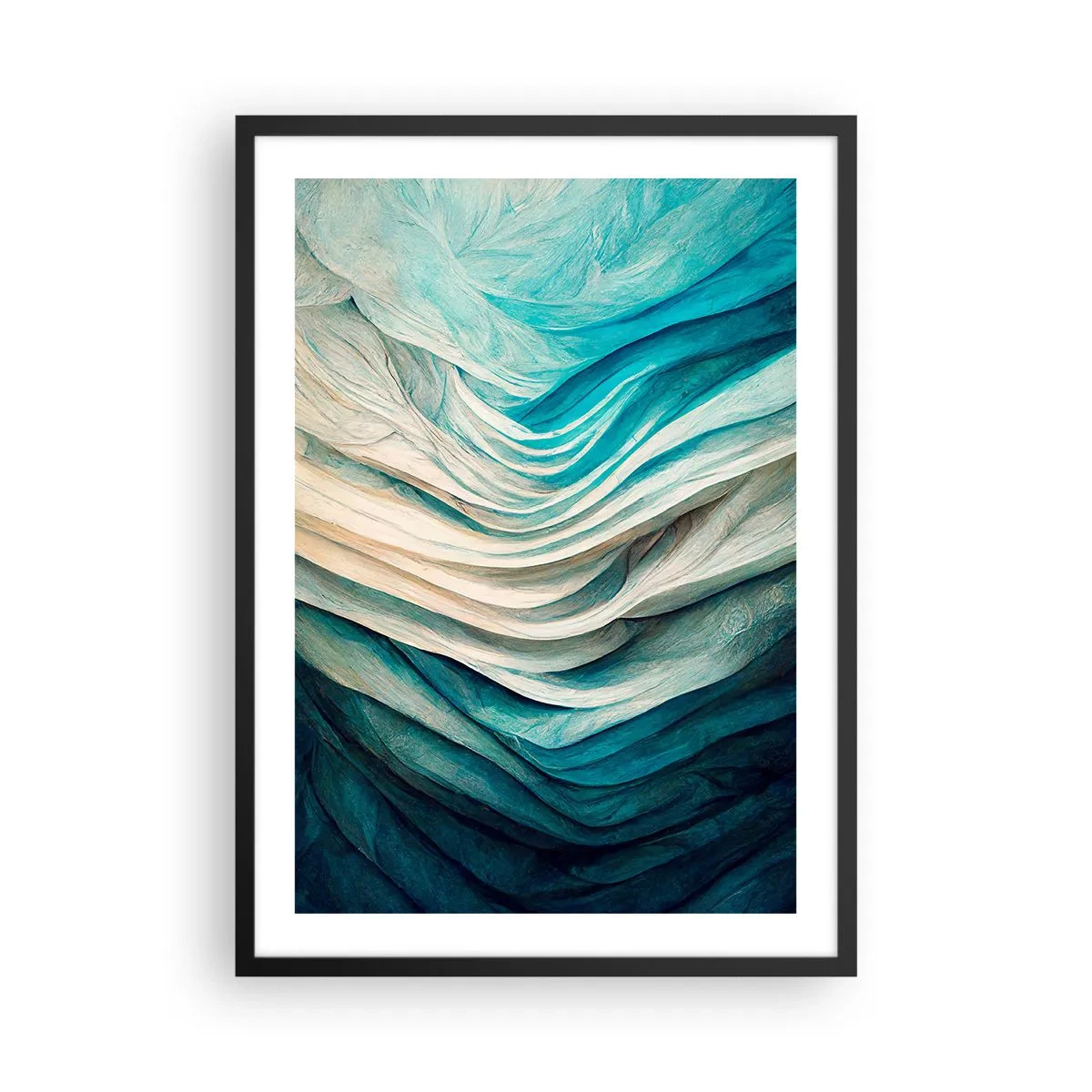 Plakát v černém rámu - Abstraktní kompozice vln v odstínech modré a béžové - 50x70cm - Modrá neukojitelnost - Moderní nástěnná dekorace do obývacího pokoje a ložnice ARTTOR