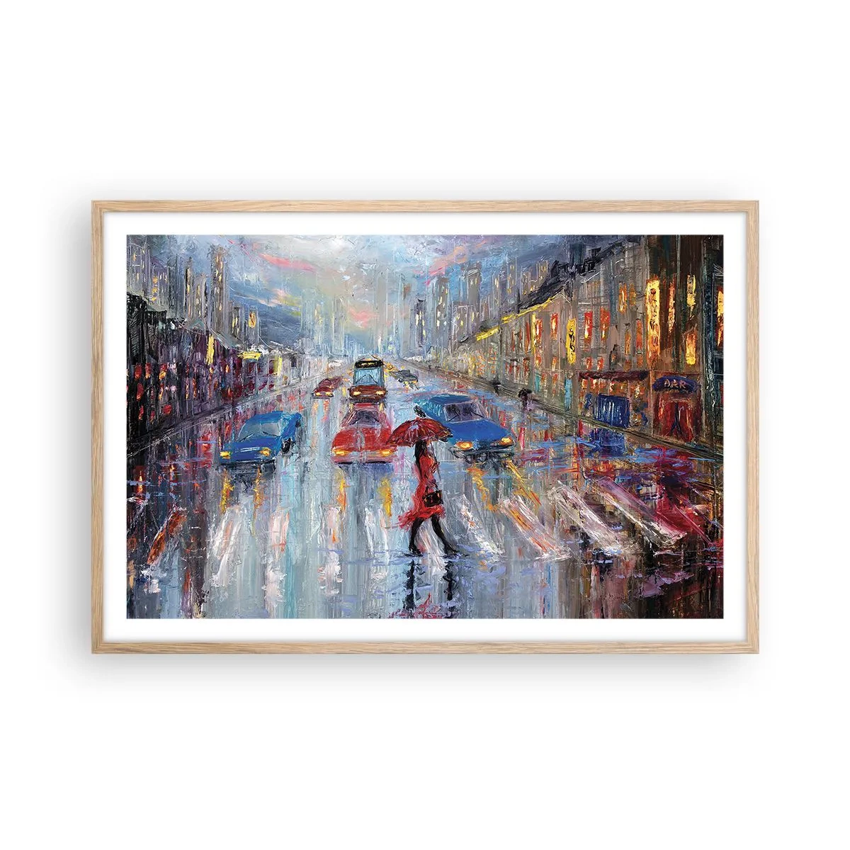 Plakát v rámu světlý dub - Deštivé odpoledne ve městě - 91x61 cm