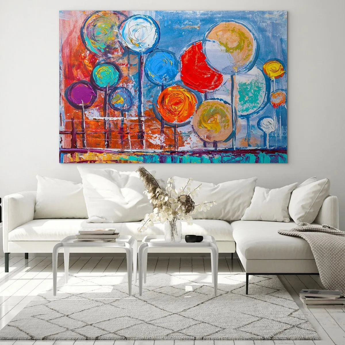Obraz na skle - Barevné, abstraktní stromy namalované proti obloze - 70x50cm - Zázraky na tyči - Moderní nástěnná dekorace do obývacího pokoje a ložnice ARTTOR