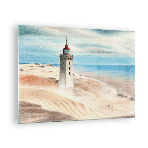 Obraz na skle - Maják na pouštní duně u klidného moře - 70x50cm - Vždy hledí na moře - Moderní nástěnná dekorace do obývacího pokoje a ložnice ARTTOR