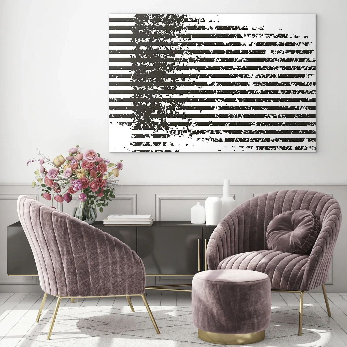Obraz na skle - Černobílé vodorovné čáry s efekty šumu a oděru - 70x50cm - Rytmus a šum - Moderní nástěnná dekorace do obývacího pokoje a ložnice ARTTOR